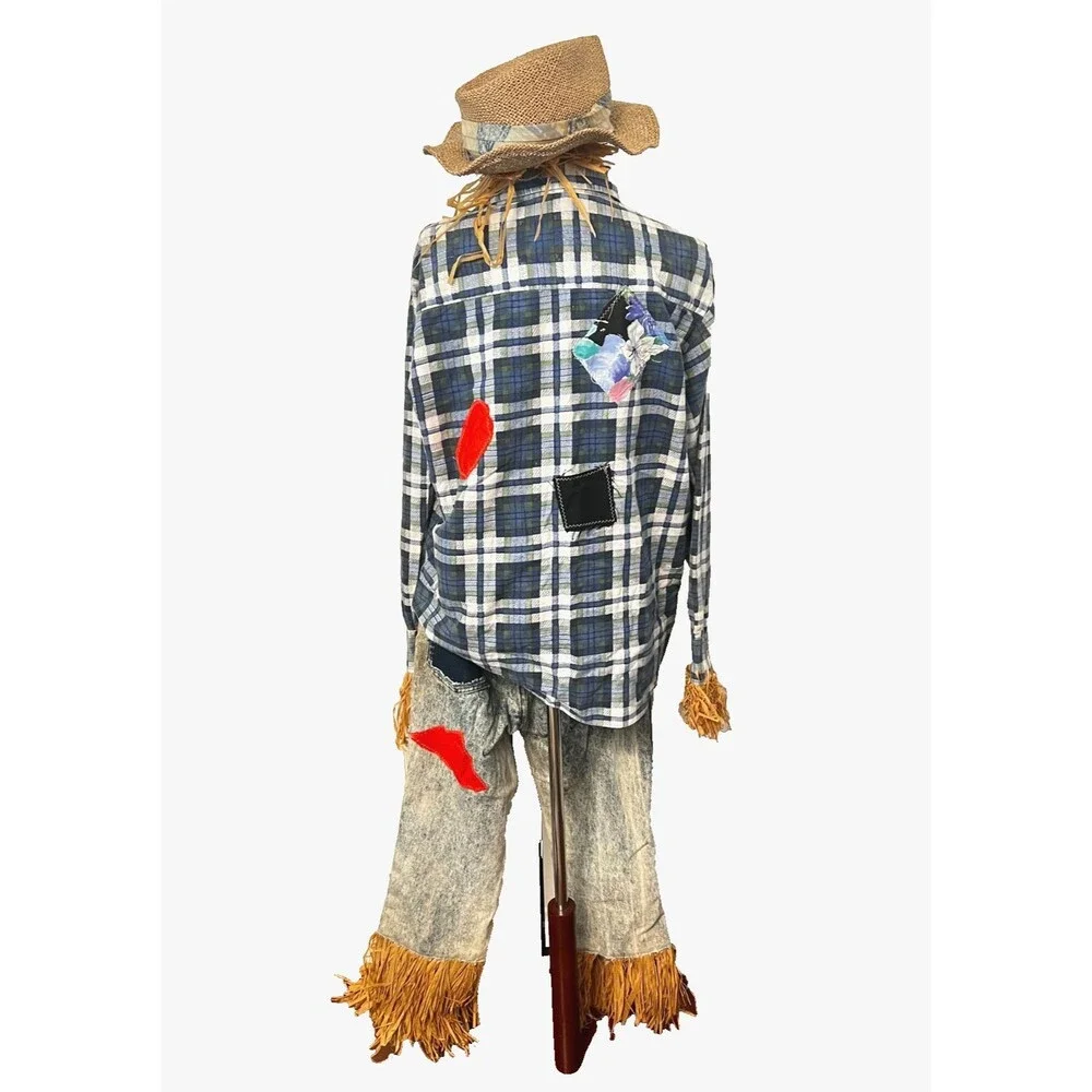 Vtg Handmade Scarecrow Costume Adult M/L Halloween USA Denim Patchwork Straw Hat